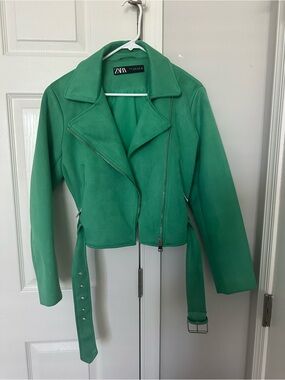 Zara Emerald Green Cropped Moto Jacket with Belt